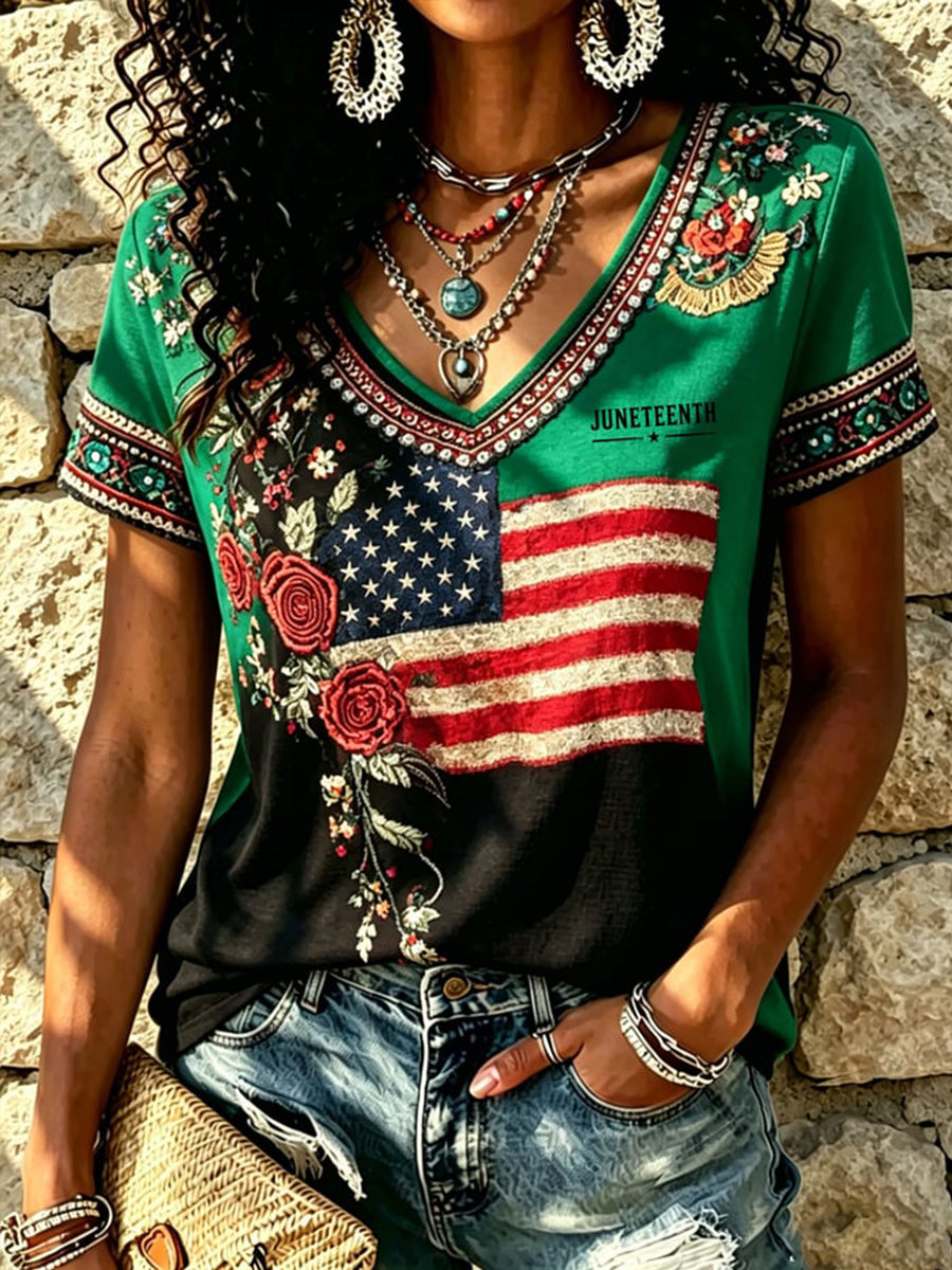 Women's Juneteenth Floral Print V-Neck Top