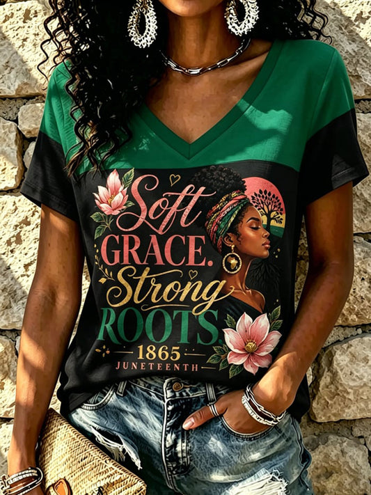 Women's Juneteenth Floral Print V-Neck Top