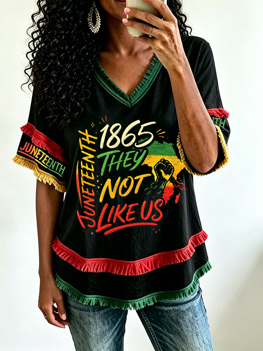 Women's Juneteenth They Not Like Us Since 1865 Print Casual V-Neck Top