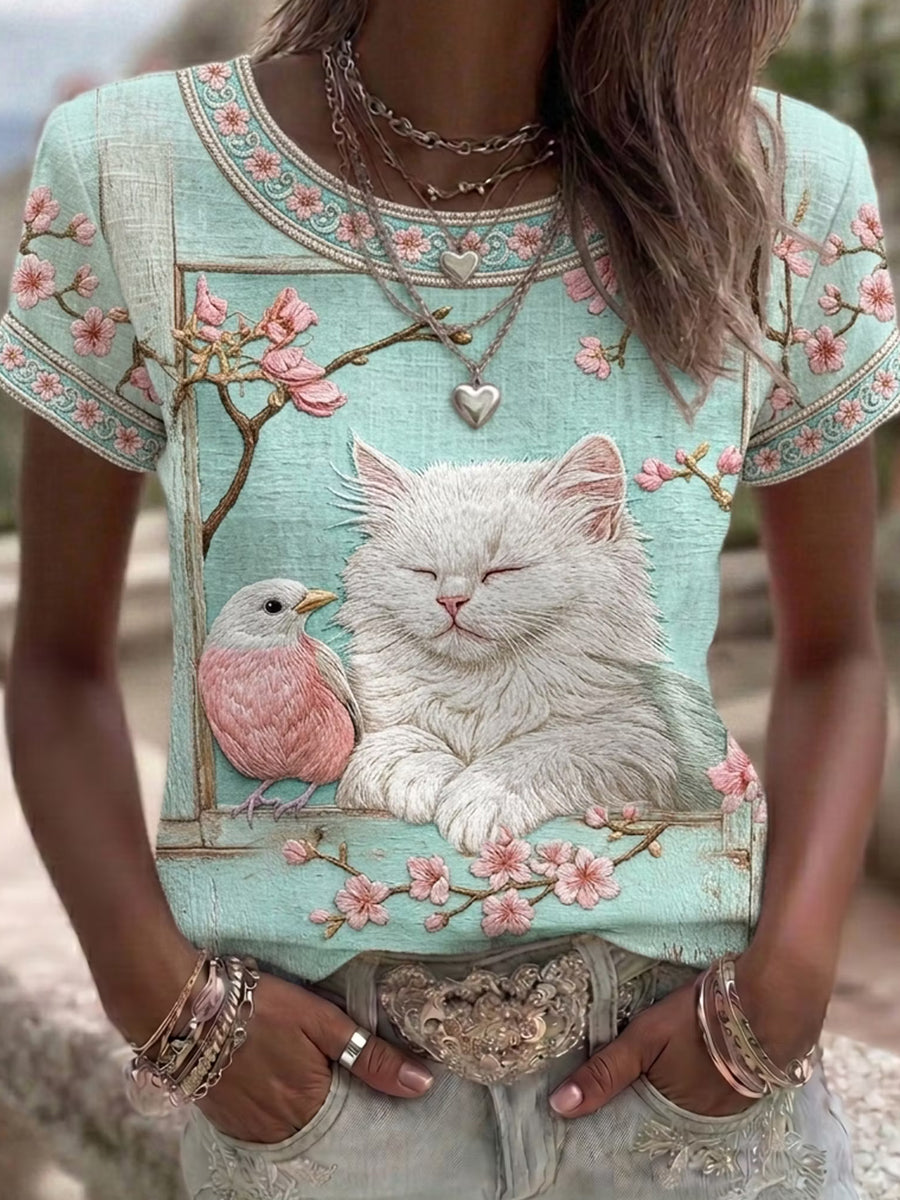 Women's Cat Floral Art Pattern Crew Neck Short Sleeve Linen Top