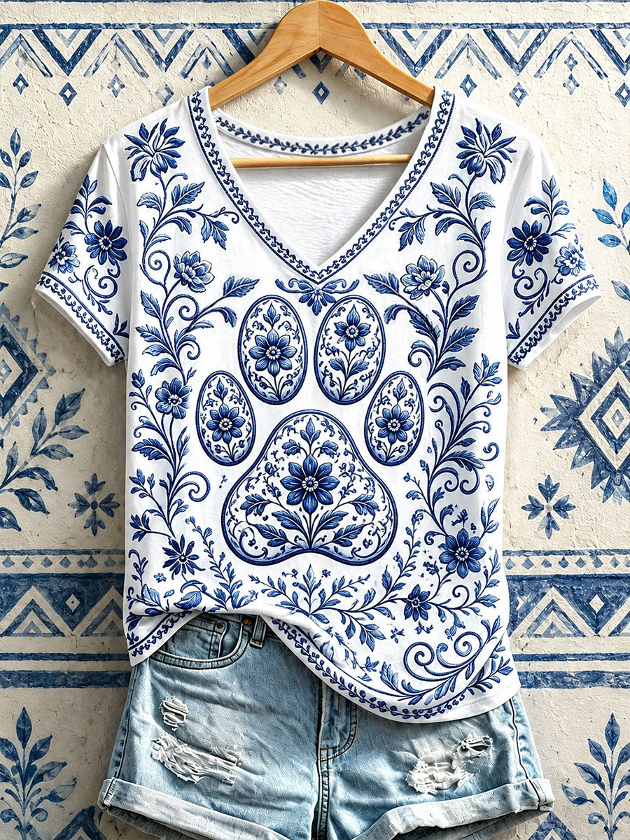 Women's Pet Paw Print Floral V-Neck T-Shirts