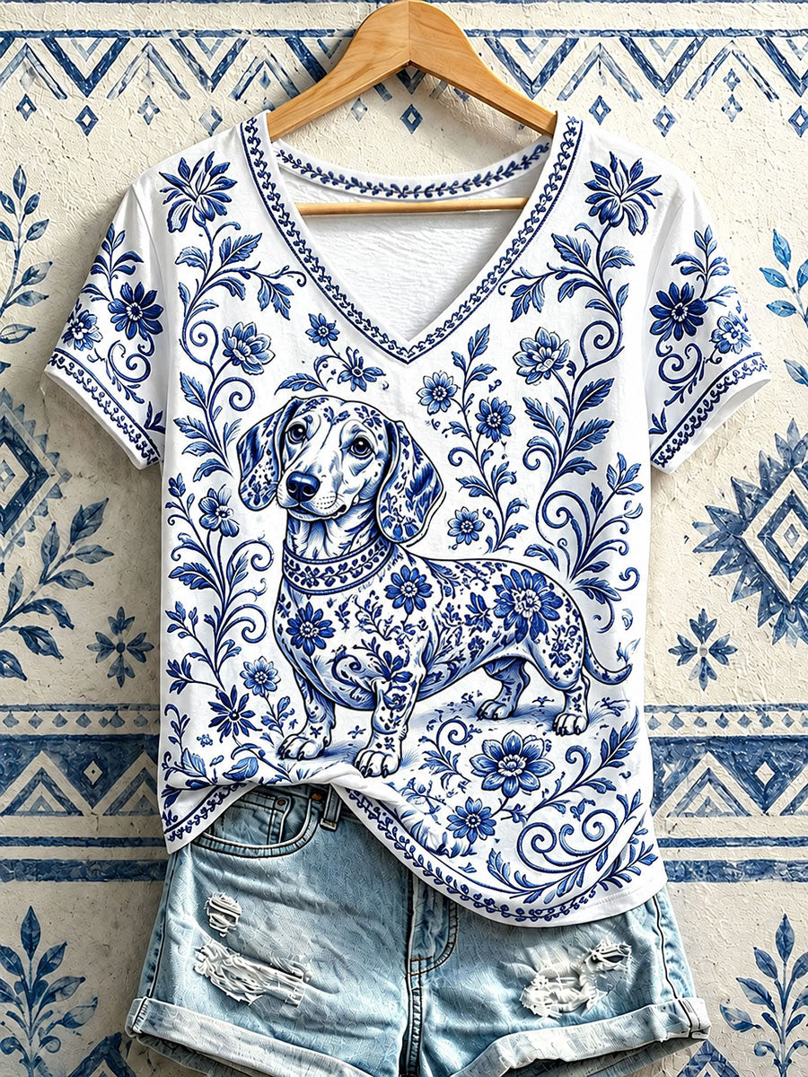 Women's Sausage Dog Floral V-Neck T-Shirts