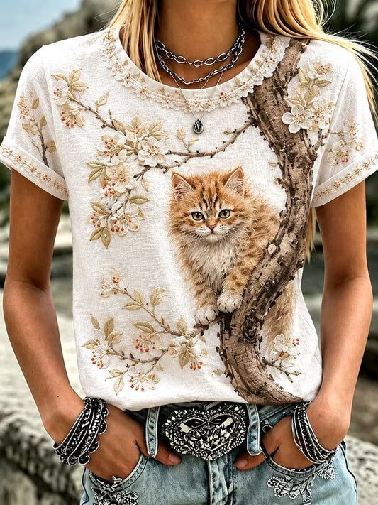 Women's Cat Art Pattern Crew Neck Short Sleeve Linen Top