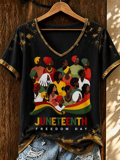 Women's Juneteenth Print Casual V-Neck Tee