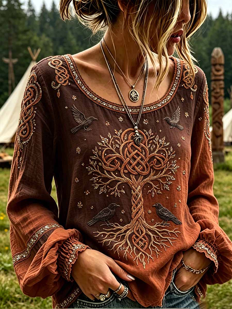 Women's Retro Tree of Life Viking Pattern Printed T-Shirt