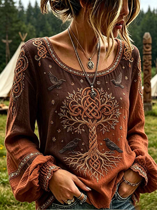 Women's Retro Tree of Life Viking Pattern Printed T-Shirt