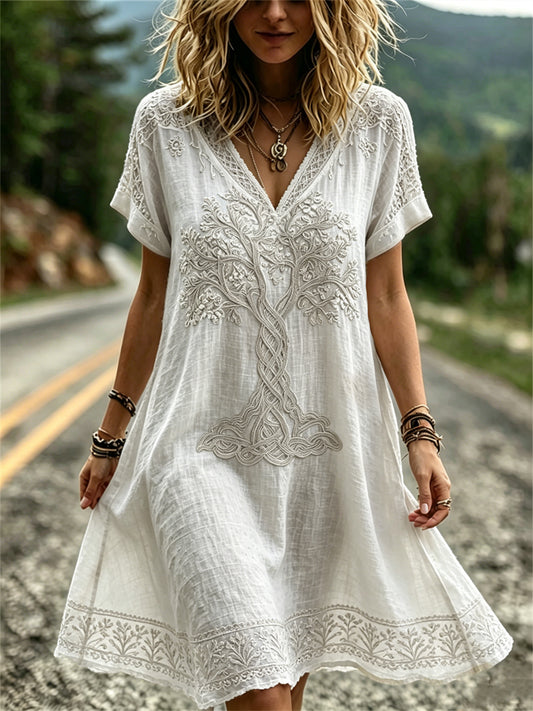 Women's Classy Viking Tree of Life Celtic Print Short Sleeve Mini Dresses