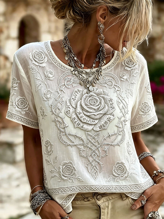 Women's Viking Runes Rose Celtic Knot Print Linen Short-sleeved T-shirt