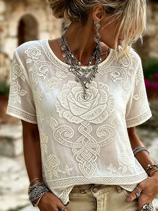 Women's Viking Celtic Knot Rose Print Linen Short-sleeved T-shirt