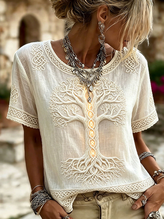 Women's Viking Celtic Knot Tree Of Life Print Linen Short-sleeved T-shirt