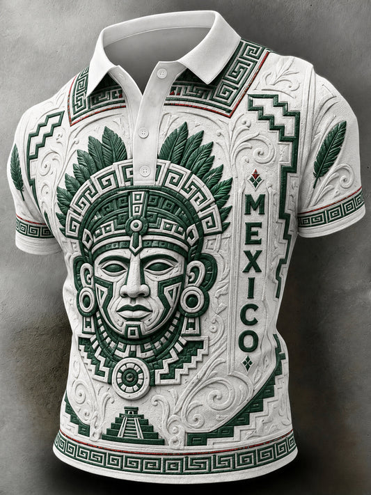 Men's Mexican Football-Themed Polo Shirt With Aztec Totem Art Print