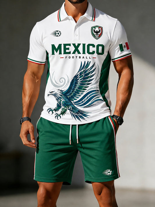 Men's Football-Themed Printed Casual Short-Sleeve Polo Shirt Set