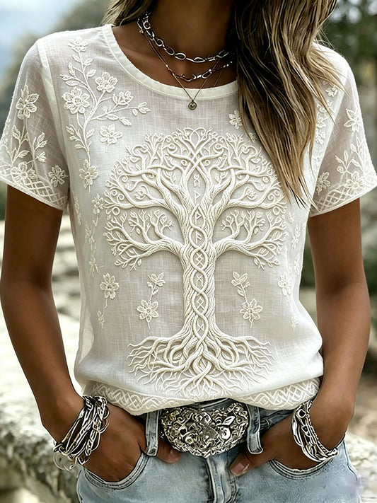 Women's Viking Tree Of Life Celtic Knot Print Linen Short-sleeved T-shirt