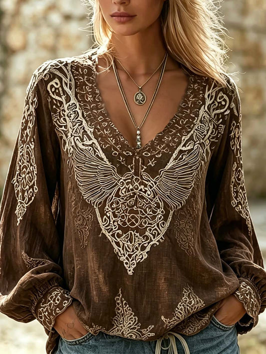 Women's Viking Retro Pattern Print Casual Cotton-Linen Shirt
