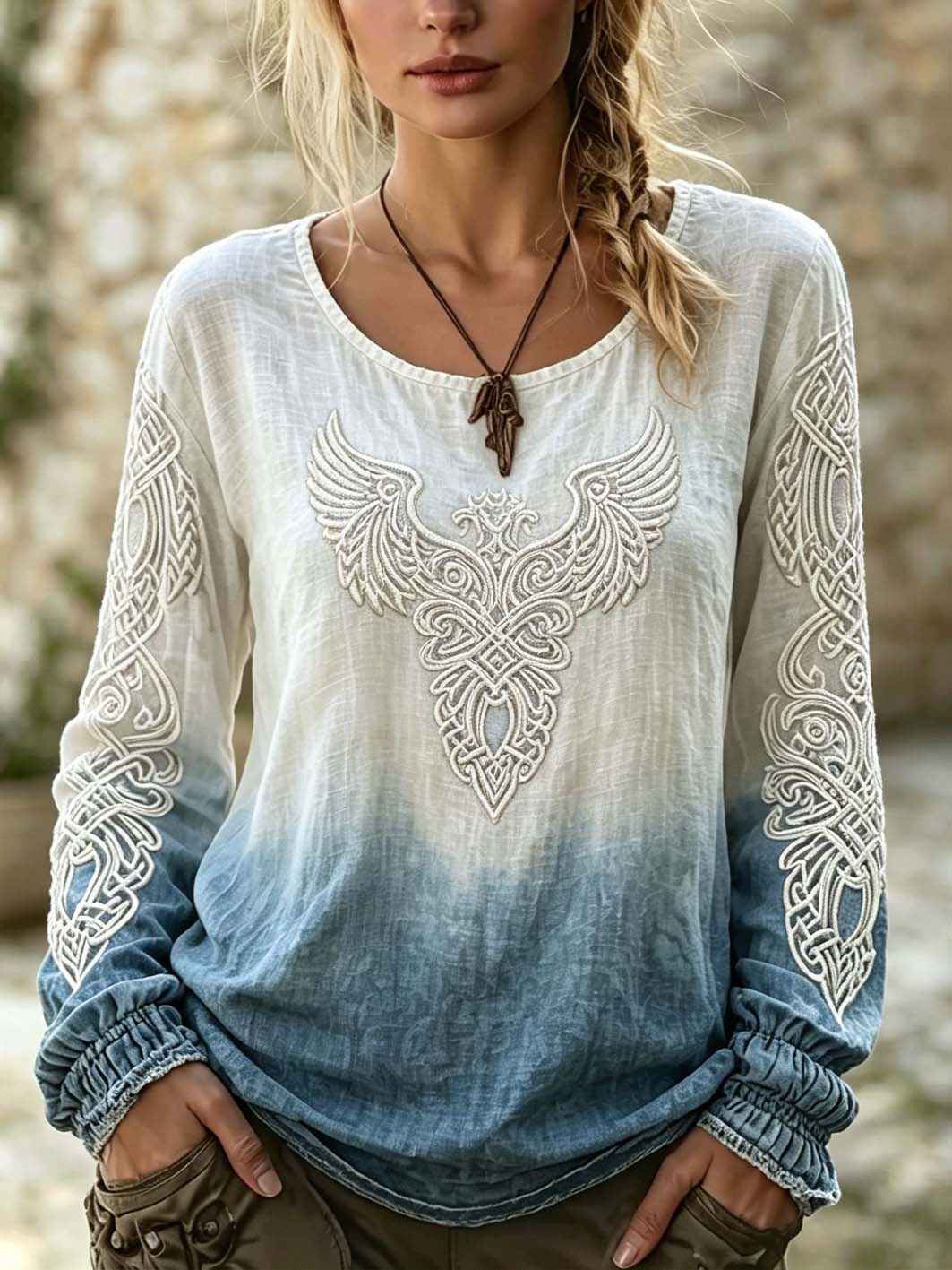 Women's Viking Retro Pattern Print Cotton-Linen Shirt