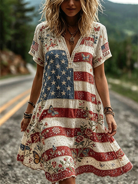 Women's Classy American Flag Butterflies Floral Print Flowy Mini Dress