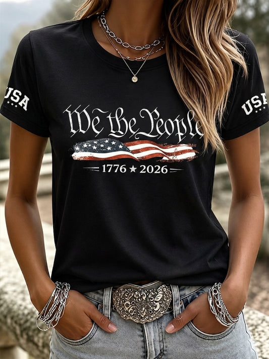 Women's Vintage Independence Day Flag We The People 1776 Print Short Sleeve T-shirt