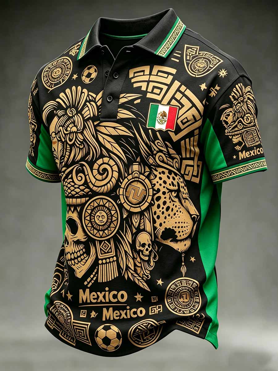 Men's Mexican Totem Soccer Print Casual Polo Shirt