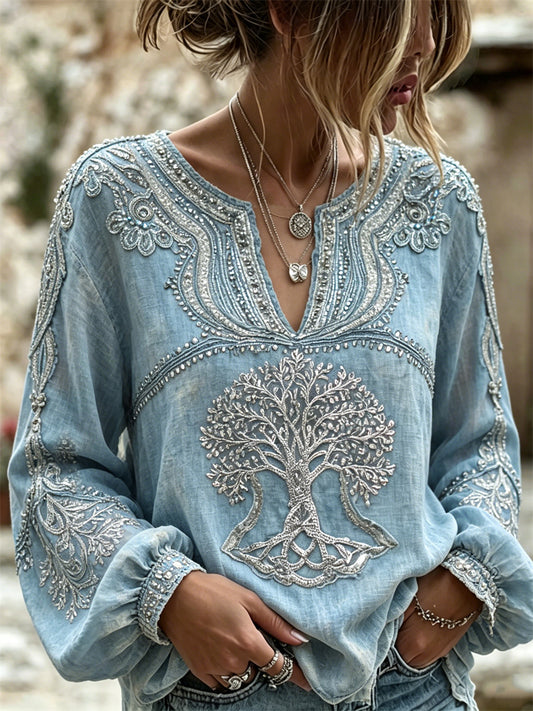 Women's Classy Viking Tree of Life Glitter Print Cotton-Linen Shirt