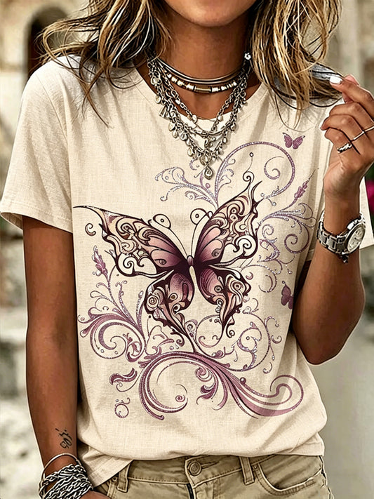 Women's Animal Butterfly Printed Vintage Fashion Loose Short Sleeve T-Shirt