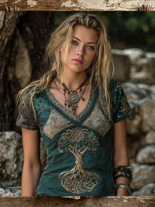 Women's Vintage Viking Tree Of Life Celtic Print Short-sleeved T-shirt