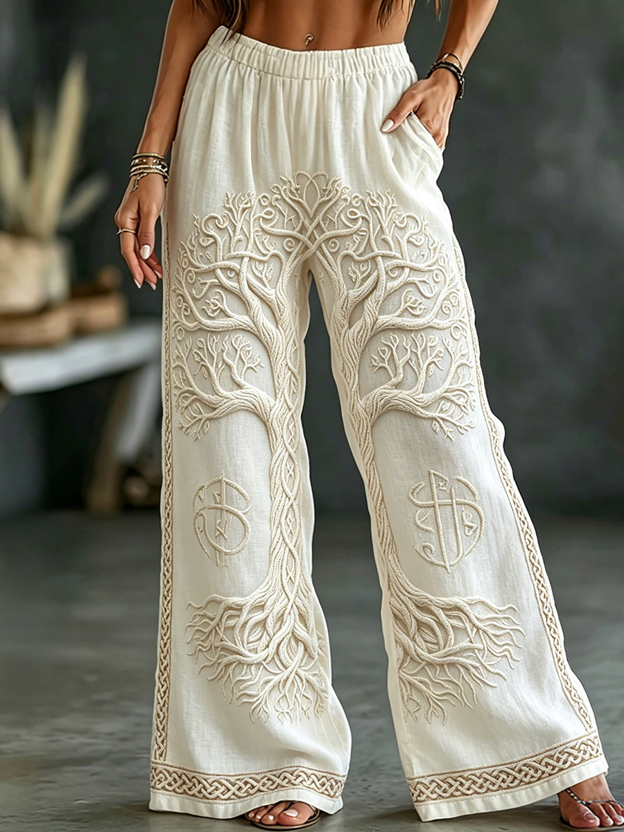 Women's Vintage Viking Tree of Life Celtic Print Comfy Linen Pants