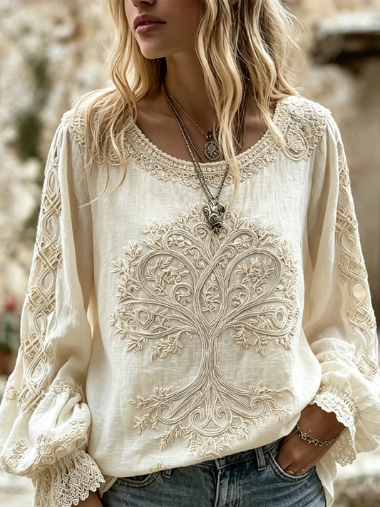Women's Vintage Viking Celtic Tree Of Life Print Cotton-Linen Shirt