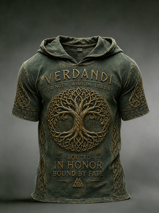 Men's Retro Viking Print Short-Sleeve Hooded Sweatshirt