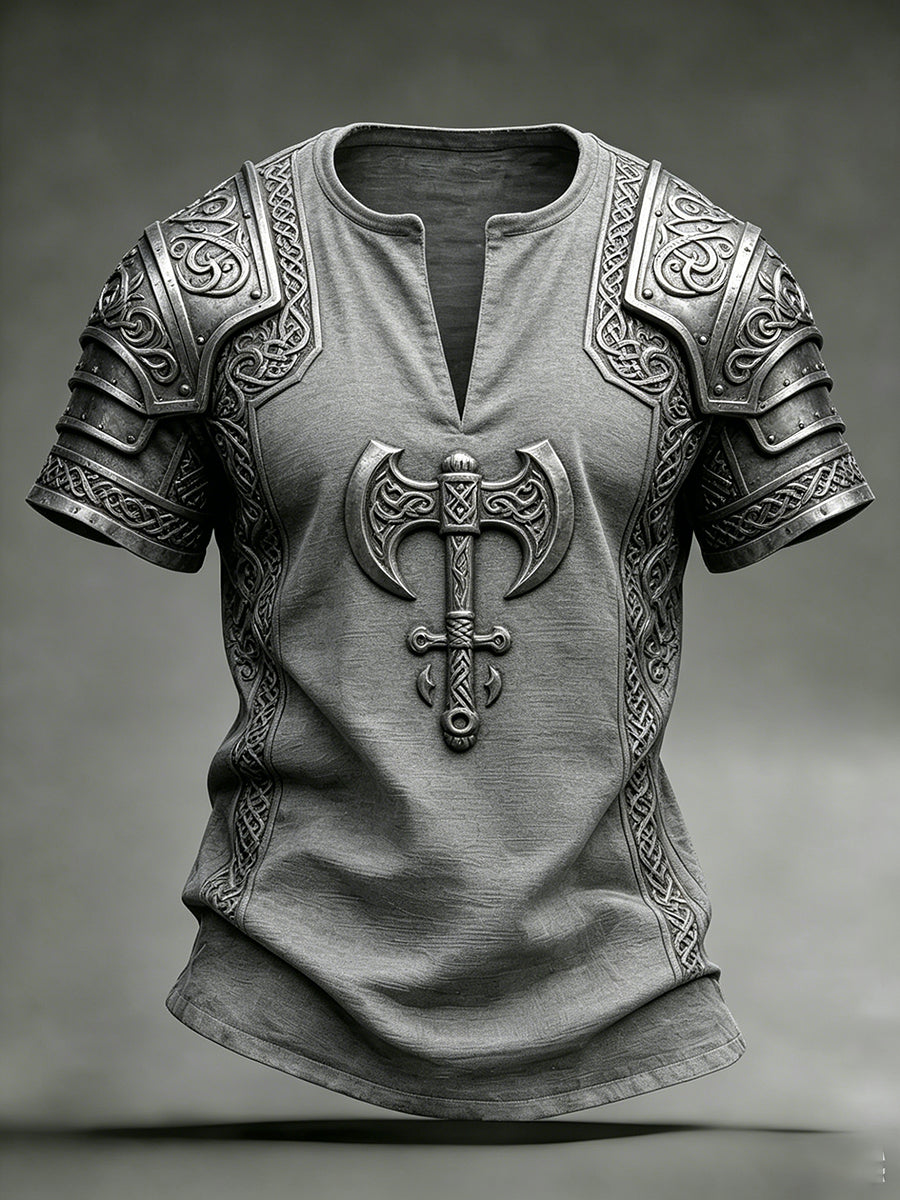 Men's Retro Viking Element Print V-Neck Short-Sleeve Top