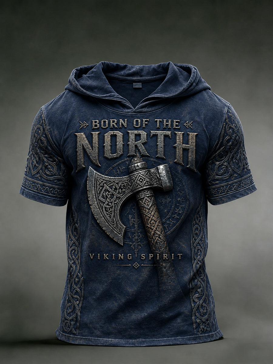 Men's Retro Viking Print Short-Sleeve Hooded Sweatshirt