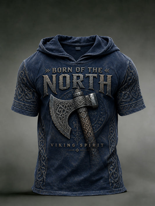 Men's Retro Viking Print Short-Sleeve Hooded Sweatshirt