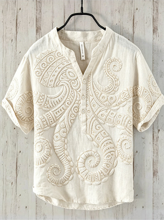 Men's Vintage Ocean Octopus Art Print Short Sleeve Shirt