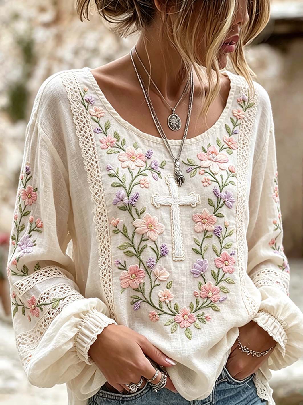 Women's  Plant Flower Pattern Print Cotton-Linen Shirt