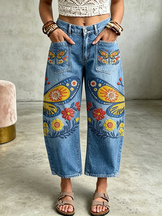 Women's Animal Butterfly Art Print Pocketing Trousers
