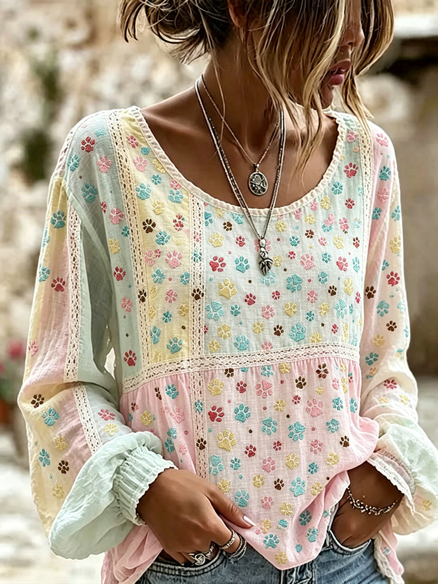 Women's Cute Cat Paws Colorblock Patchwork Print Cotton-Linen Shirt