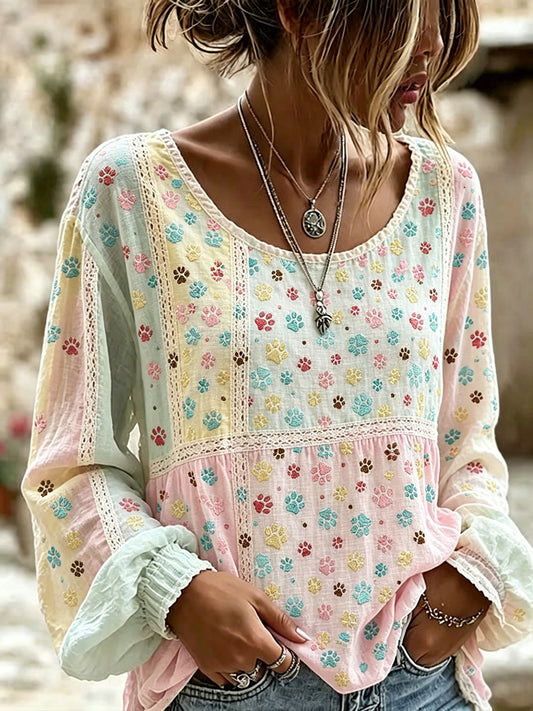 Women's Cute Cat Paws Colorblock Patchwork Print Cotton-Linen Shirt