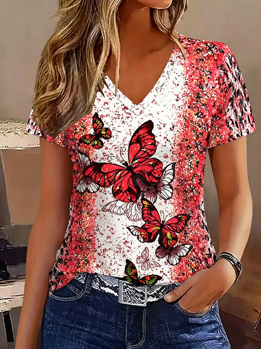 Women's Animal Butterfly Printed Vintage Fashion Loose Short Sleeve T-Shirt
