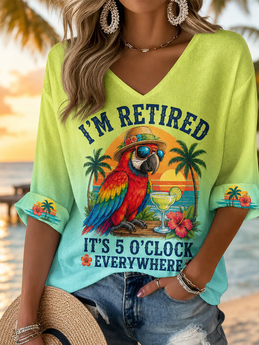 Women's I'm Retired It's 5 O'clock Everywhere Parrot Print Casual Waffle Half-Sleeve Top