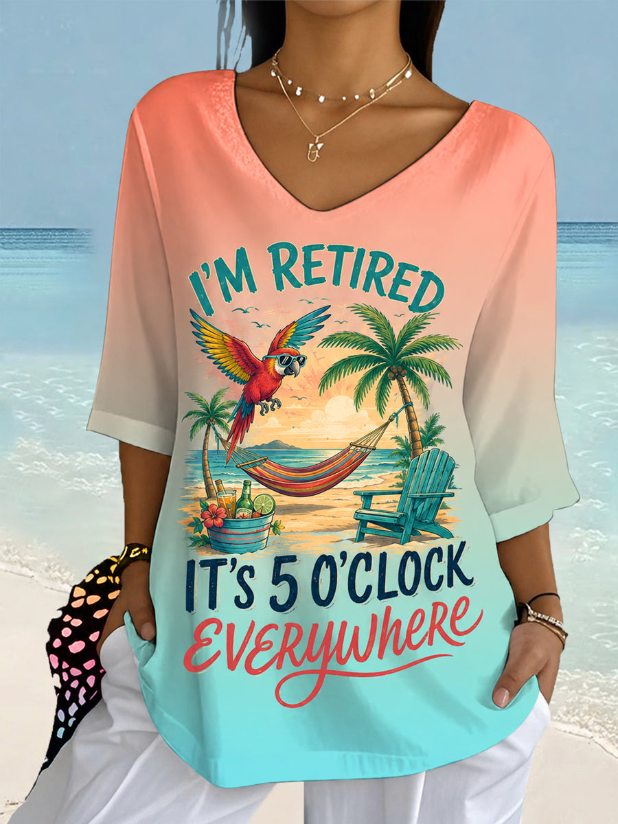 Women's I'm Retired It's 5 O'clock Everywhere Parrot Print Casual Half-Sleeve Top
