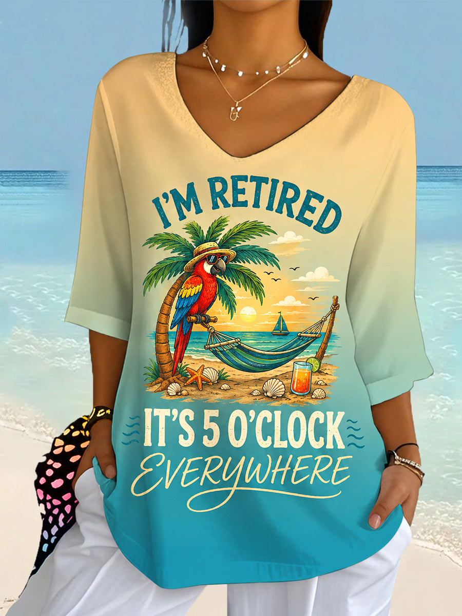 Women's I'm Retired It's 5 O'clock Everywhere Parrot Print Casual Half-Sleeve Top