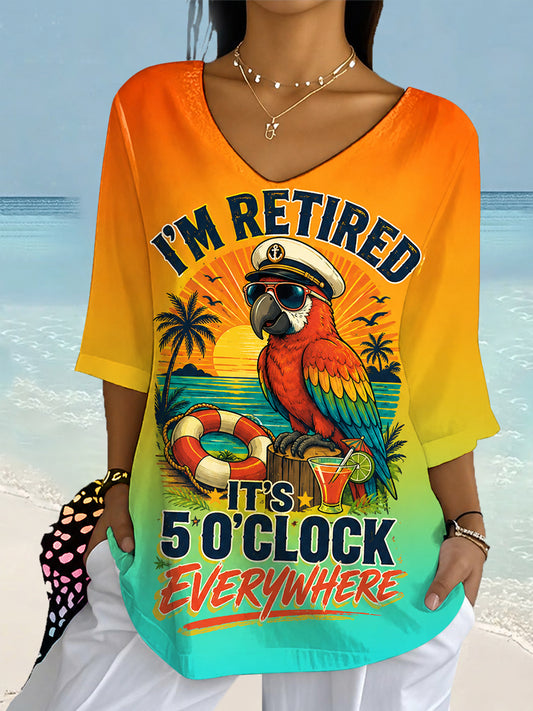 Women's I'm Retired It's 5 O'clock Everywhere Parrot Print Casual Half-Sleeve Top