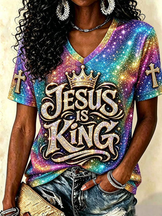 Women's 'Jesus is King' Christian V-neck T-shirts
