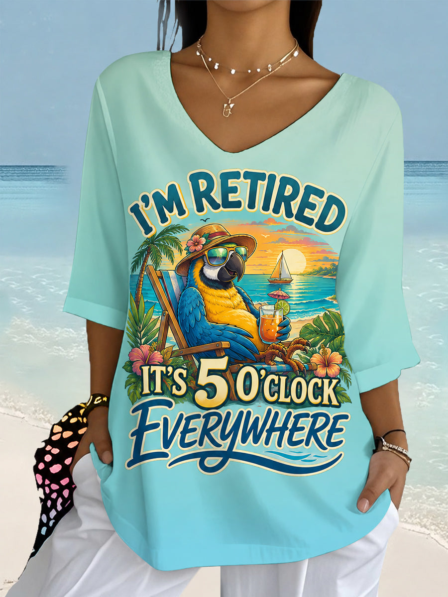 Women's I'm Retired It's 5 O'clock Everywhere Parrot Print Casual Half-Sleeve Top