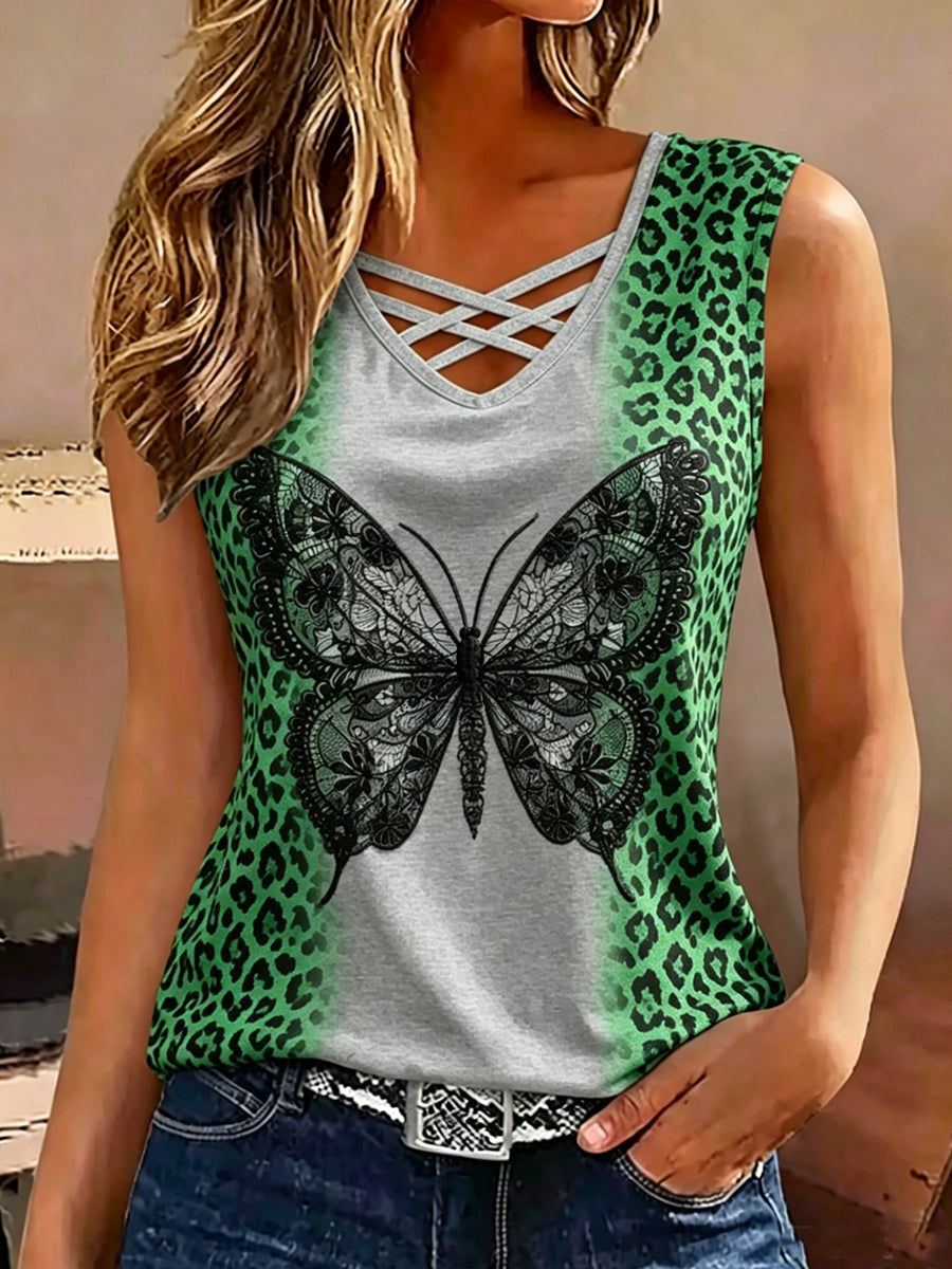 Women's Retro Drak Animal Butterfly Print Sleeveless Tank Top