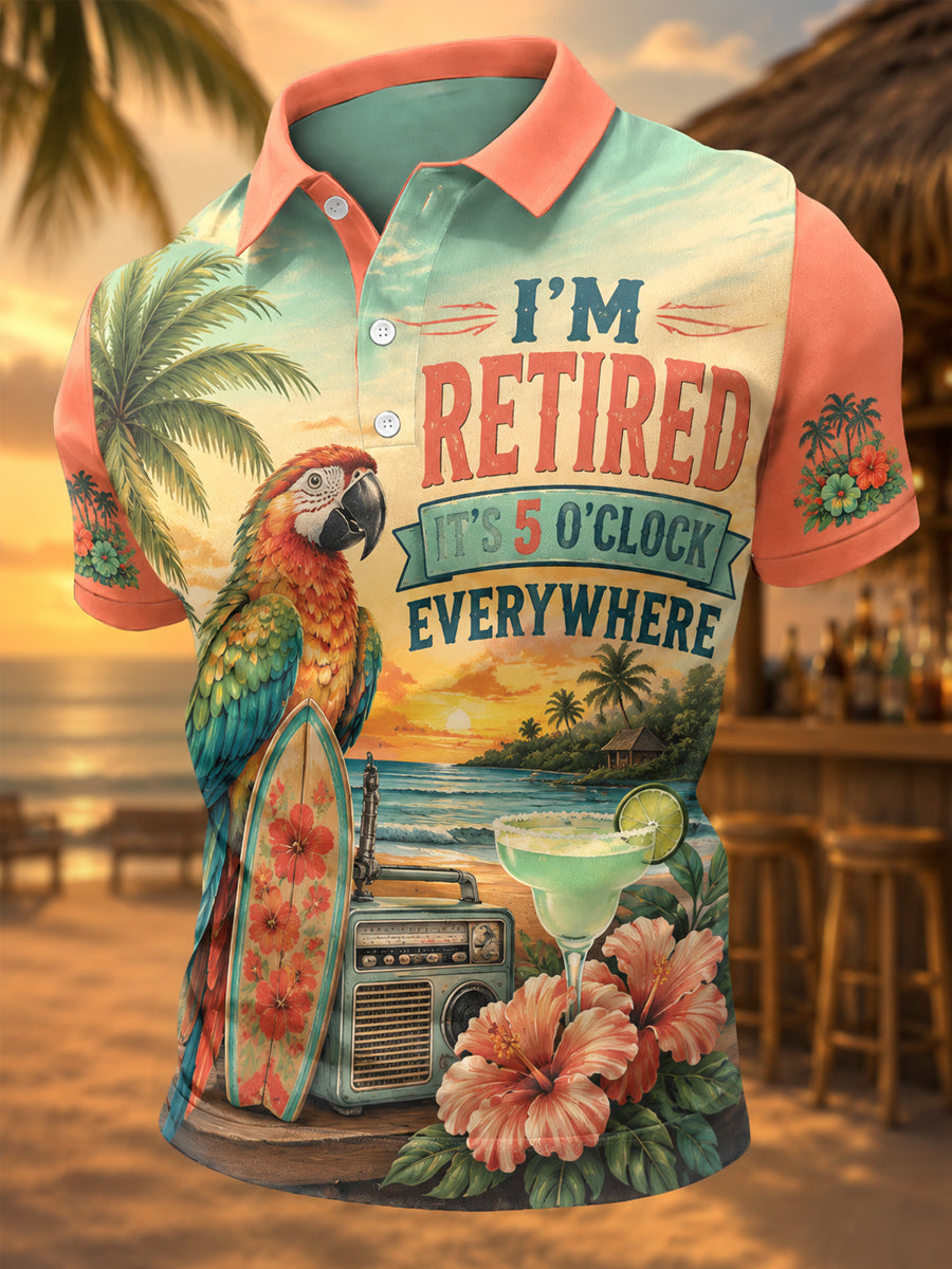Men's I'm Retired It's 5 O'clock Everywhere Parrot Print Casual Polo