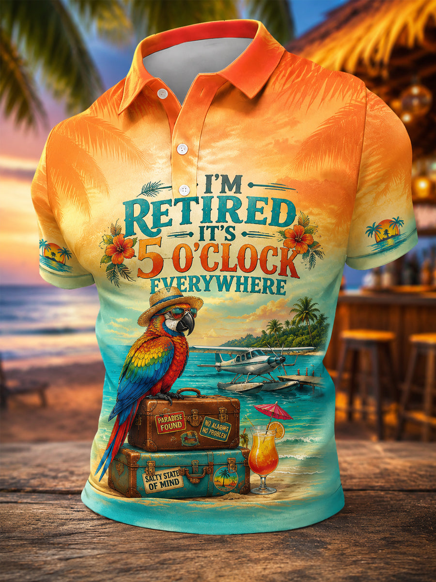 Men's I'm Retired It's 5 O'clock Everywhere Parrot Print Casual Polo