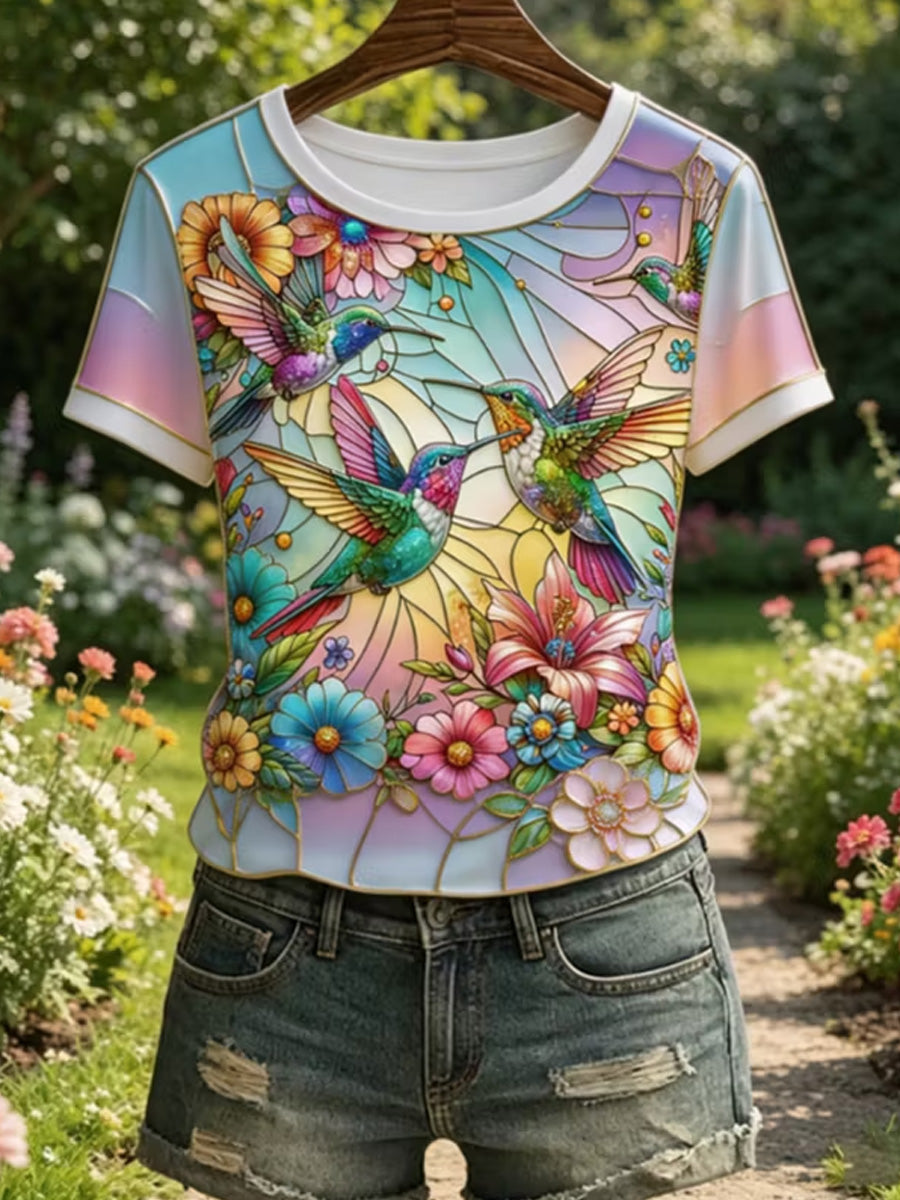 Women's Floral Hummingbird Print Casual Tee