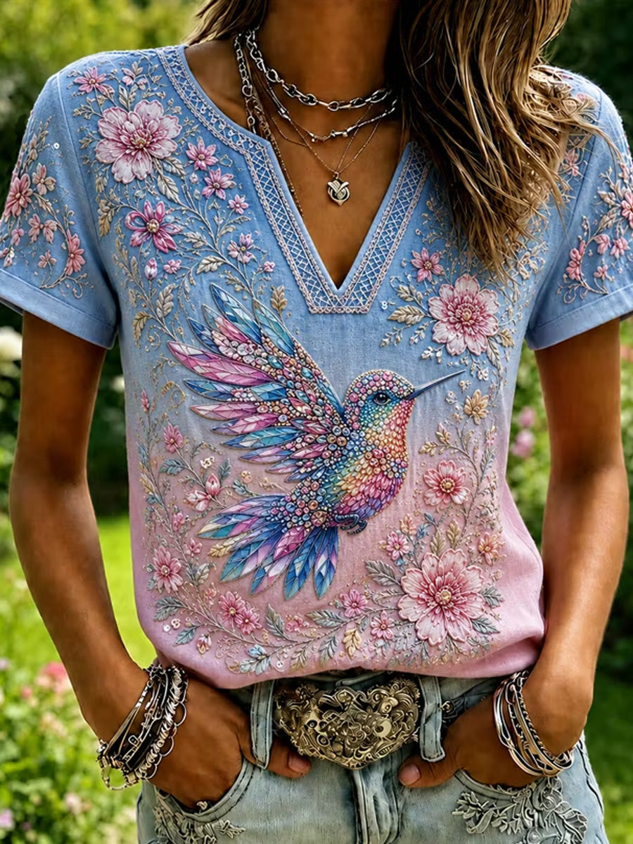 Women's Floral Hummingbird Print Casual V-Neck Top