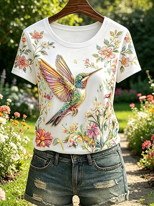 Women's Floral Hummingbird Print Casual Tee