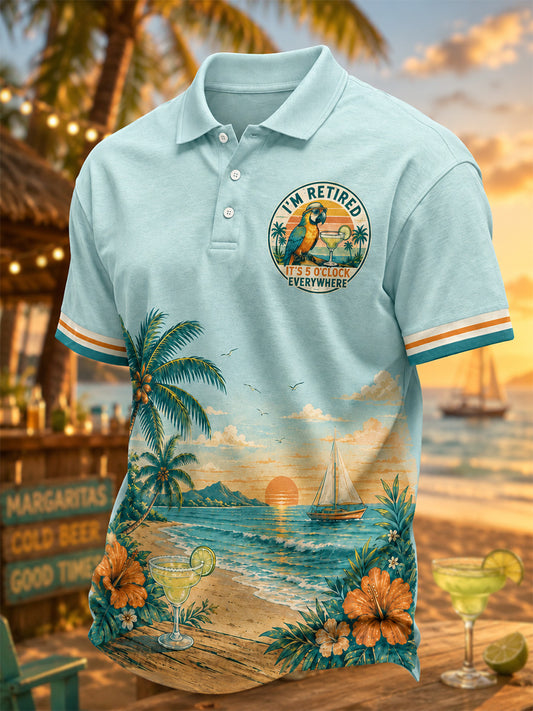 Men's I'm Retired It's 5 O'clock Everywhere Parrot Print Casual Polo